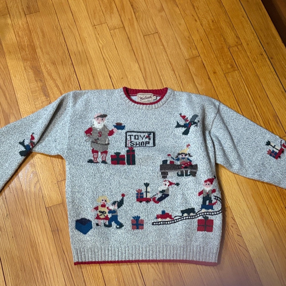 Woolrich Vintage Gray Holiday Sweater with Elf Toy Shop Design